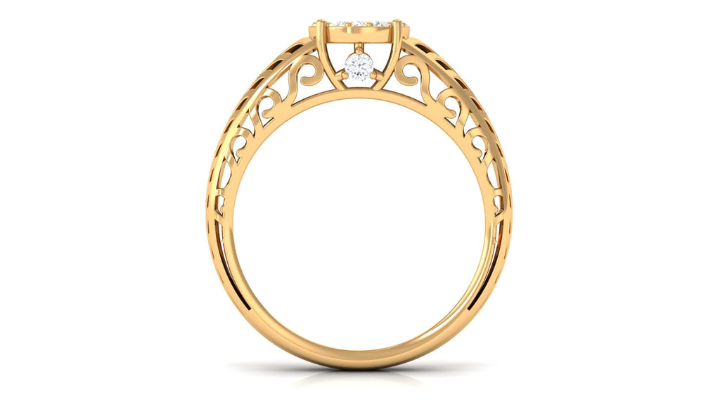 Round Cut Real Diamond Engagement Ring with Filigree Shank
