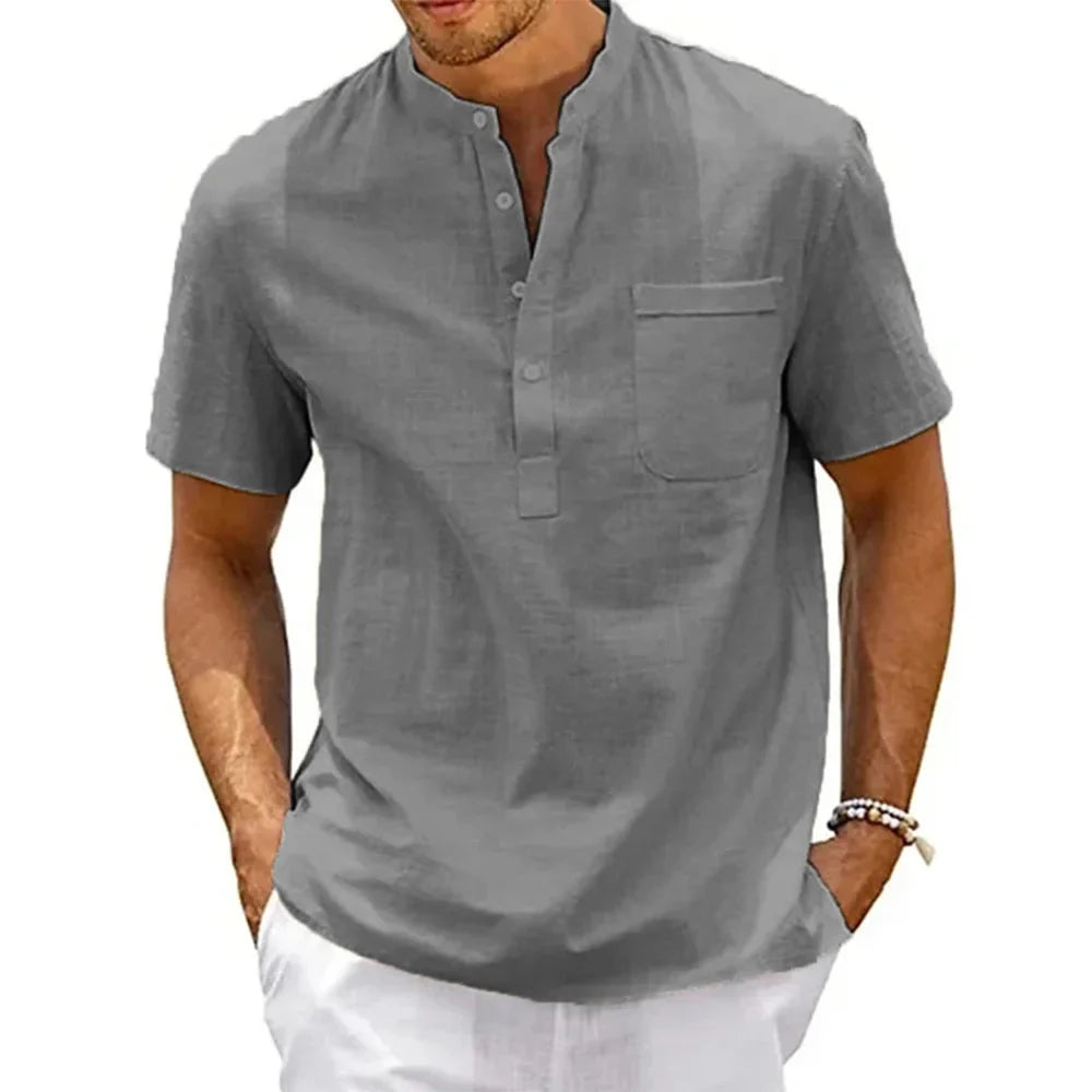 Men's Cotton-Linen Henley Short Sleeve Tee – Breathable Lightweight Casual Top