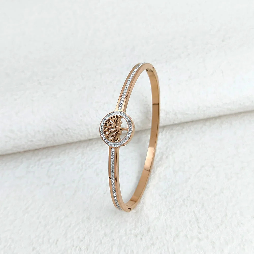 Luxury Stainless Steel Tree of Life Bangle for Women Men Crystal Zircon Bracelet Silver Gold Color Wrist Jewelry Accessories