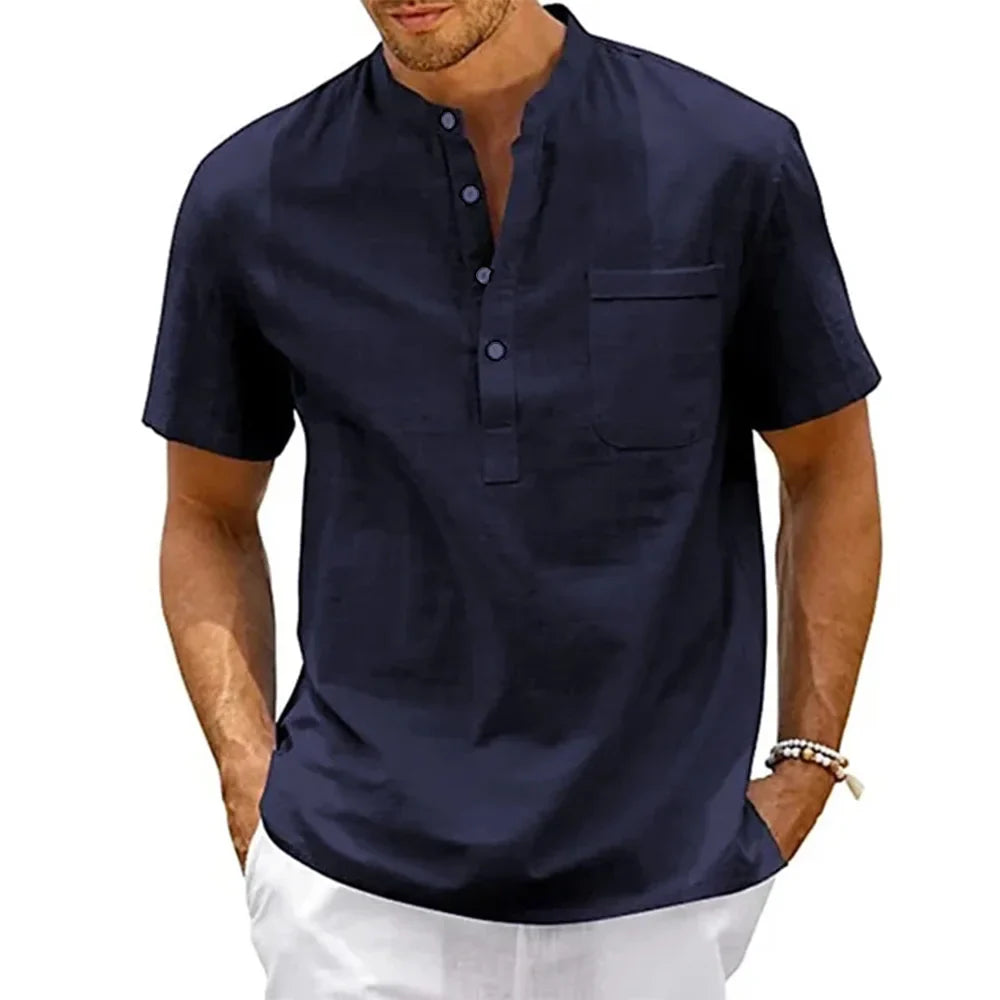 Men's Cotton-Linen Henley Short Sleeve Tee – Breathable Lightweight Casual Top