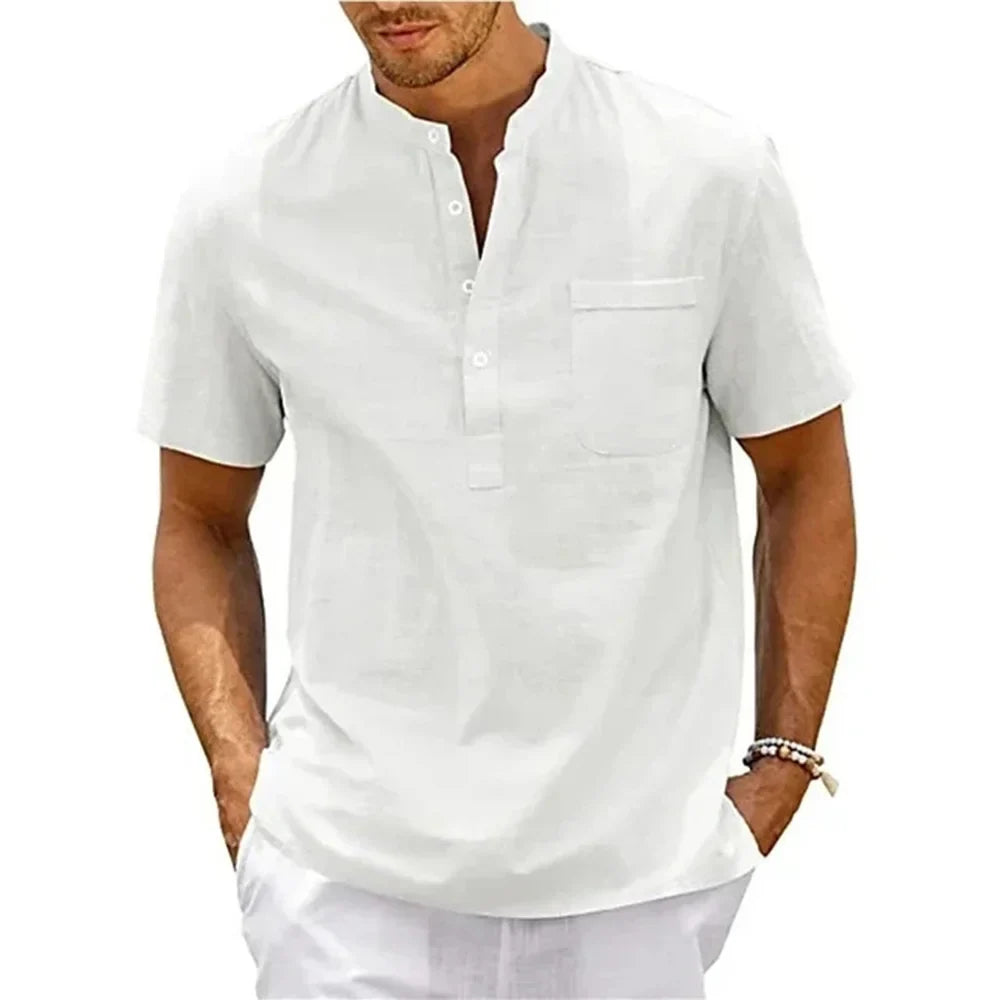Men's Cotton-Linen Henley Short Sleeve Tee – Breathable Lightweight Casual Top